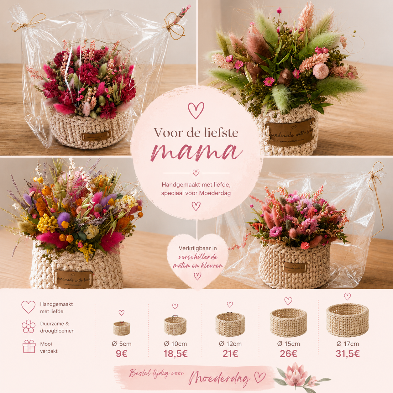 Verras je mama met een uniek handgemaakt bloempotje gevuld met prachtige droogbloemen. Elk bloempotje wordt met de hand gehaakt en afgewerkt met een stijlvol droogbloemboeketje, waardoor het een blijvend en persoonlijk Moederdagcadeau is. Verkrijgbaar in verschillende maten, kleuren en bloemcombinaties, perfect als decoratie of origineel geschenk.